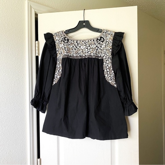 Mi Golondrina Top Fernanda Cotton Floral Embroidered Gray Night Beige Silk S GUC - Picture 8 of 9